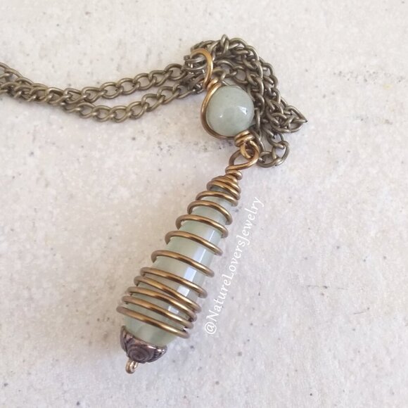Sage Green Agate Drop Pendant + Bronze Necklace ~ Country Core Bohemian Casual - Picture 5 of 8
